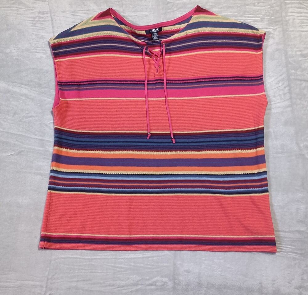 CHAPS Plus Size 2X Colorful Multicolor Striped Linen Blend Cap Sleeve Knit Top